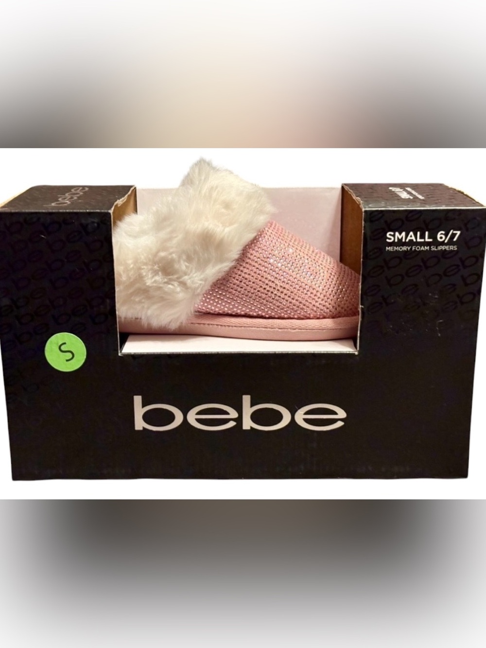 NWT•bebe Pink Sparkle Faux Fur Cuff Slippers size S 6/7